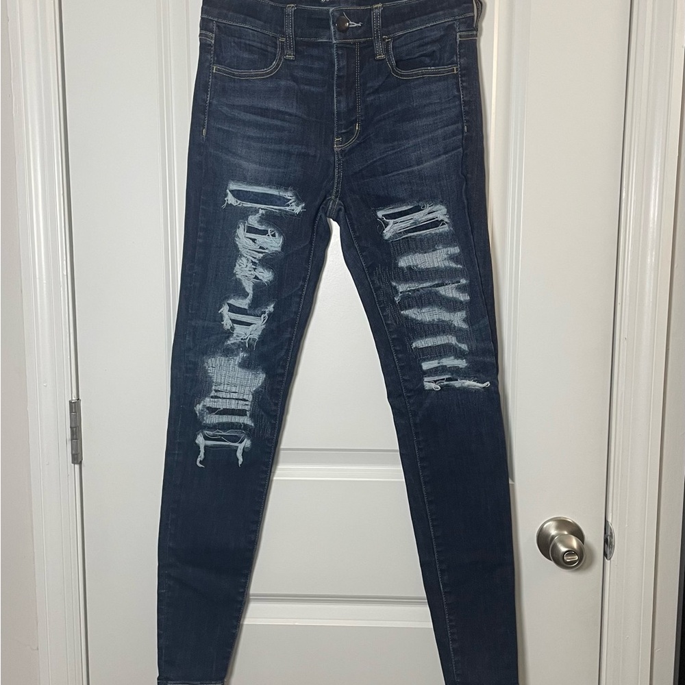 American Eagle Ripped Skinny Jeans Dark Wash Stretch Distressed Denim Women